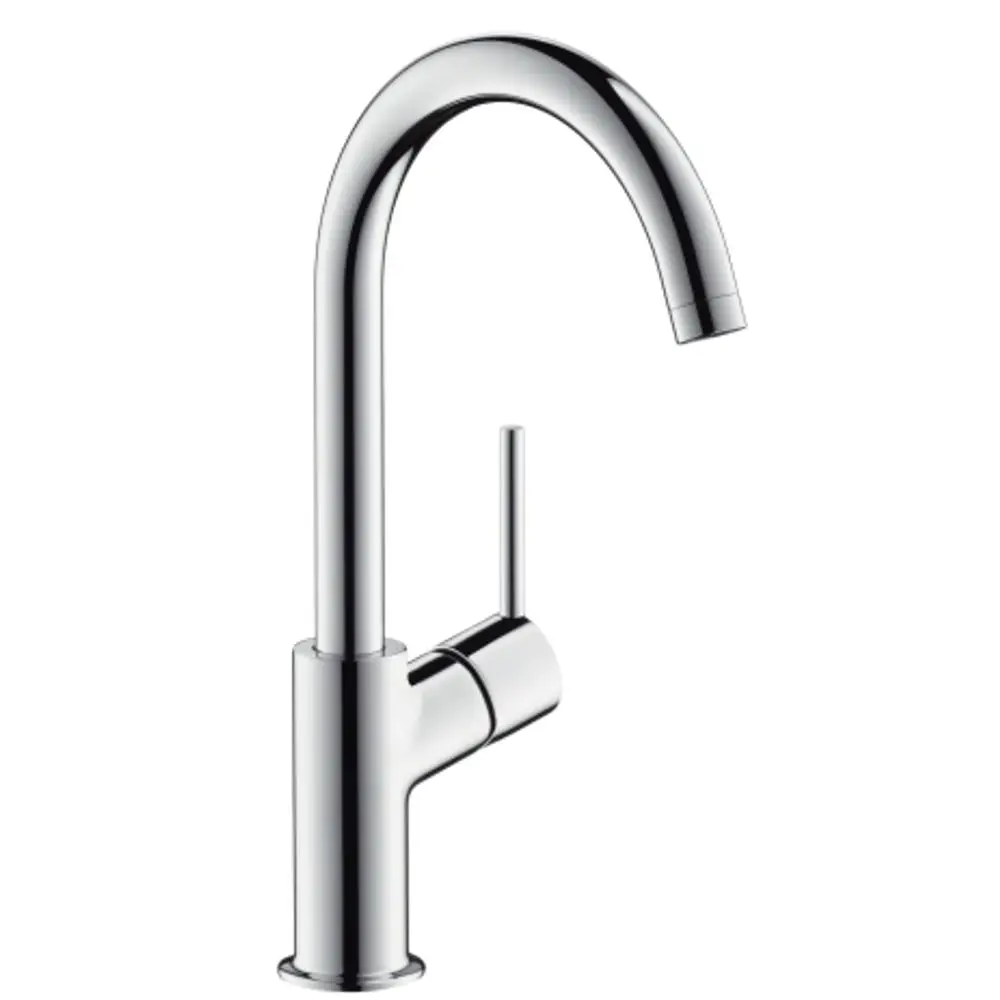 Einhebel-Waschtischmischer von Hansgrohe mit hohem, gebogenem Auslauf und seitlichem Hebel zur Temperatur- und Mengeneinstellung. Oberfläche in Chrom.